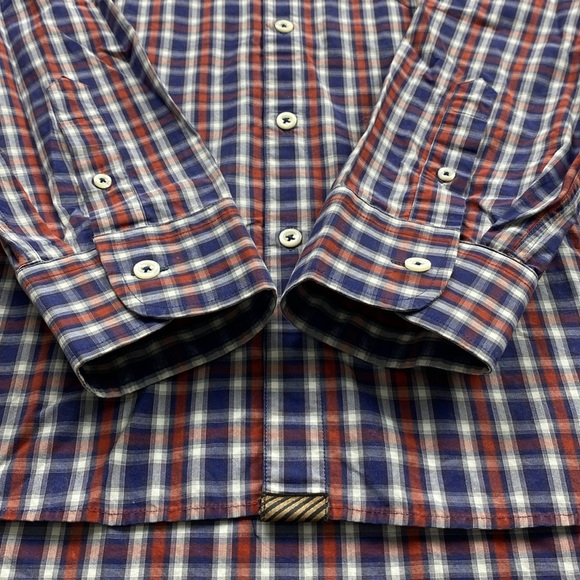 Billy Reid John Standard Cut Plaid Long Sleeve Button Shirt (Blue/White/Orange) - Picture 9 of 16